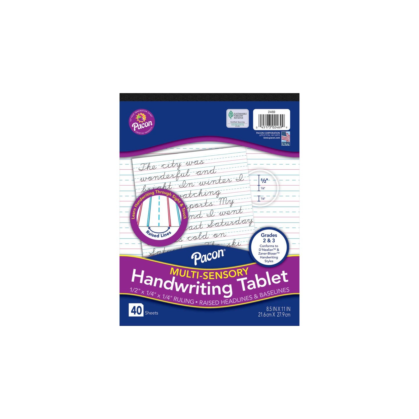 Pacon® Multi-Sensory Raised Ruled Tablet, Tape-Bound Tablet, 1/2" x 1/4" x 1/4" Ruled Short, 8-1/2" x 11", 40 Sheets