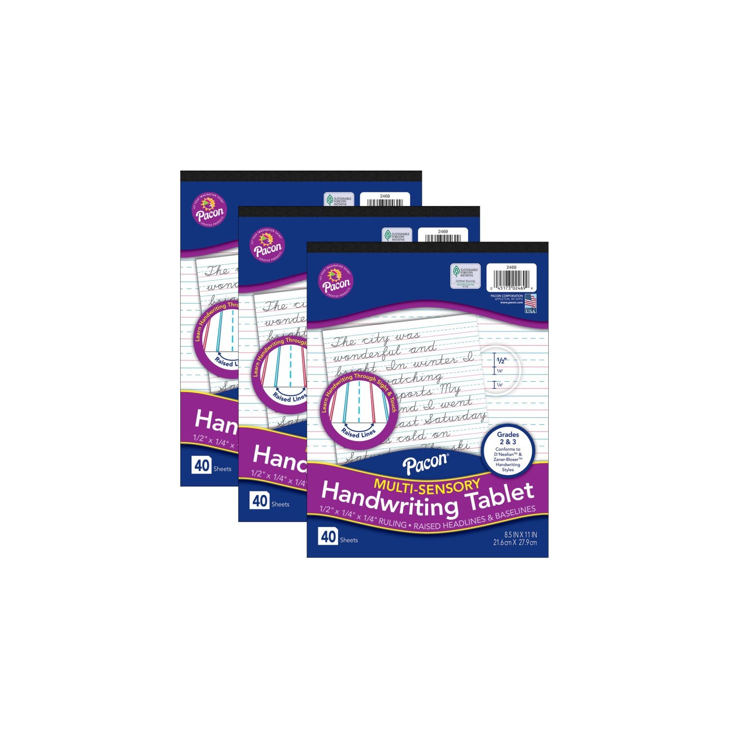 Pacon® Multi-Sensory Raised Ruled Tablet, Tape-Bound Tablet, 1/2" x 1/4" x 1/4" Ruled Short, 8-1/2" x 11", 40 Sheets, Pack of 3