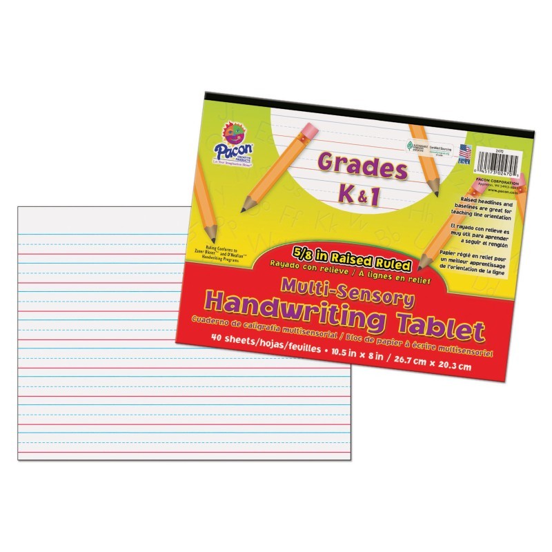 Pacon® Multi-Sensory Raised Ruled Tablet, Tape Bound, 5/8" x 5/16" x 5/16" Ruled Long, 10-1/2" x 8", 40 Sheets