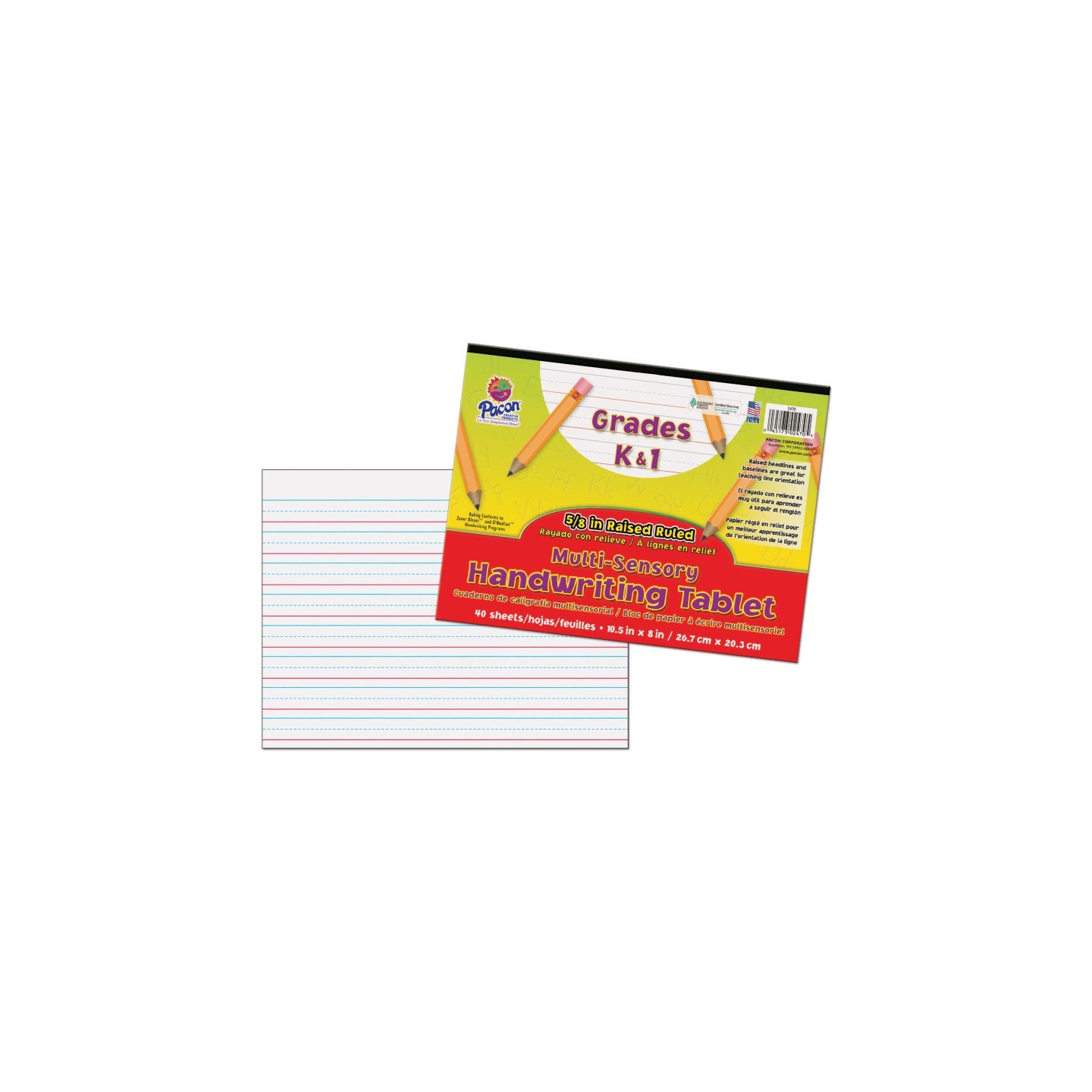 Pacon® Multi-Sensory Raised Ruled Tablet, Tape Bound, 5/8" x 5/16" x 5/16" Ruled Long, 10-1/2" x 8", 40 Sheets