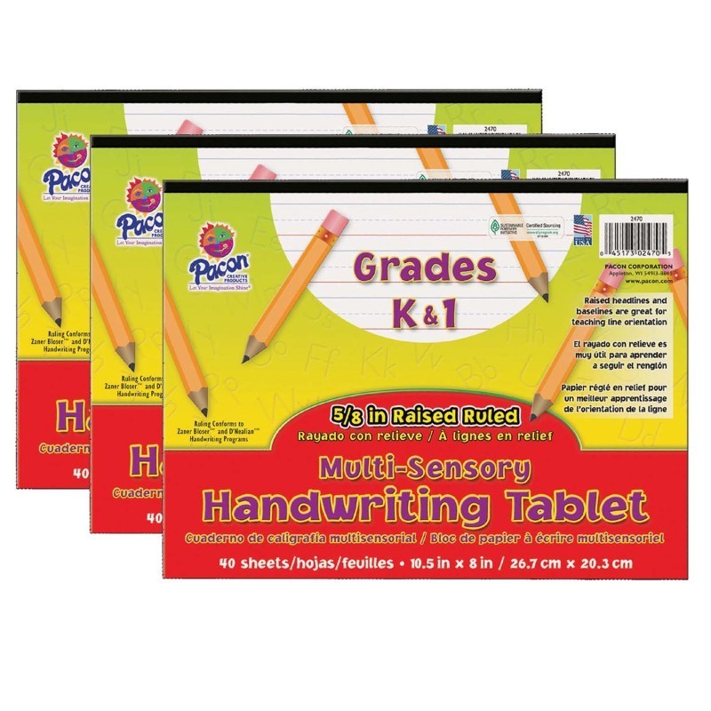 Pacon® Multi-Sensory Raised Ruled Tablet, Tape Bound, 5/8" x 5/16" x 5/16" Ruled Long, 10-1/2" x 8", 40 Sheets, Pack of 3