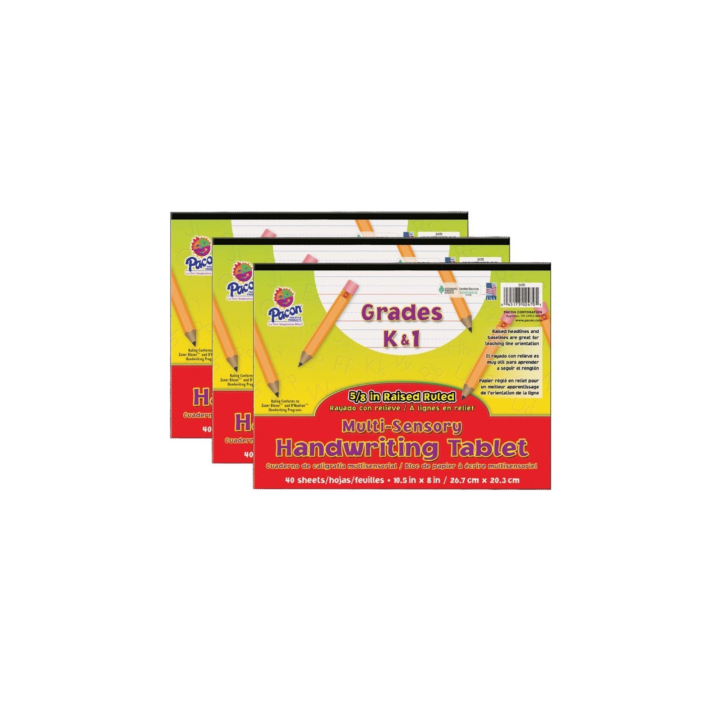 Pacon® Multi-Sensory Raised Ruled Tablet, Tape Bound, 5/8" x 5/16" x 5/16" Ruled Long, 10-1/2" x 8", 40 Sheets, Pack of 3