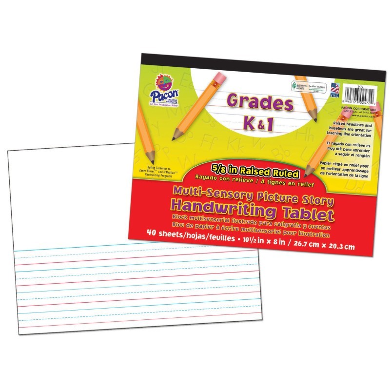 Pacon® Multi-Sensory Raised Ruled Tablet, Tape Bound, 5/8" x 5/16" x 5/16" Picture Story Ruled Long, 10-1/2" x 8", 40 Sheets