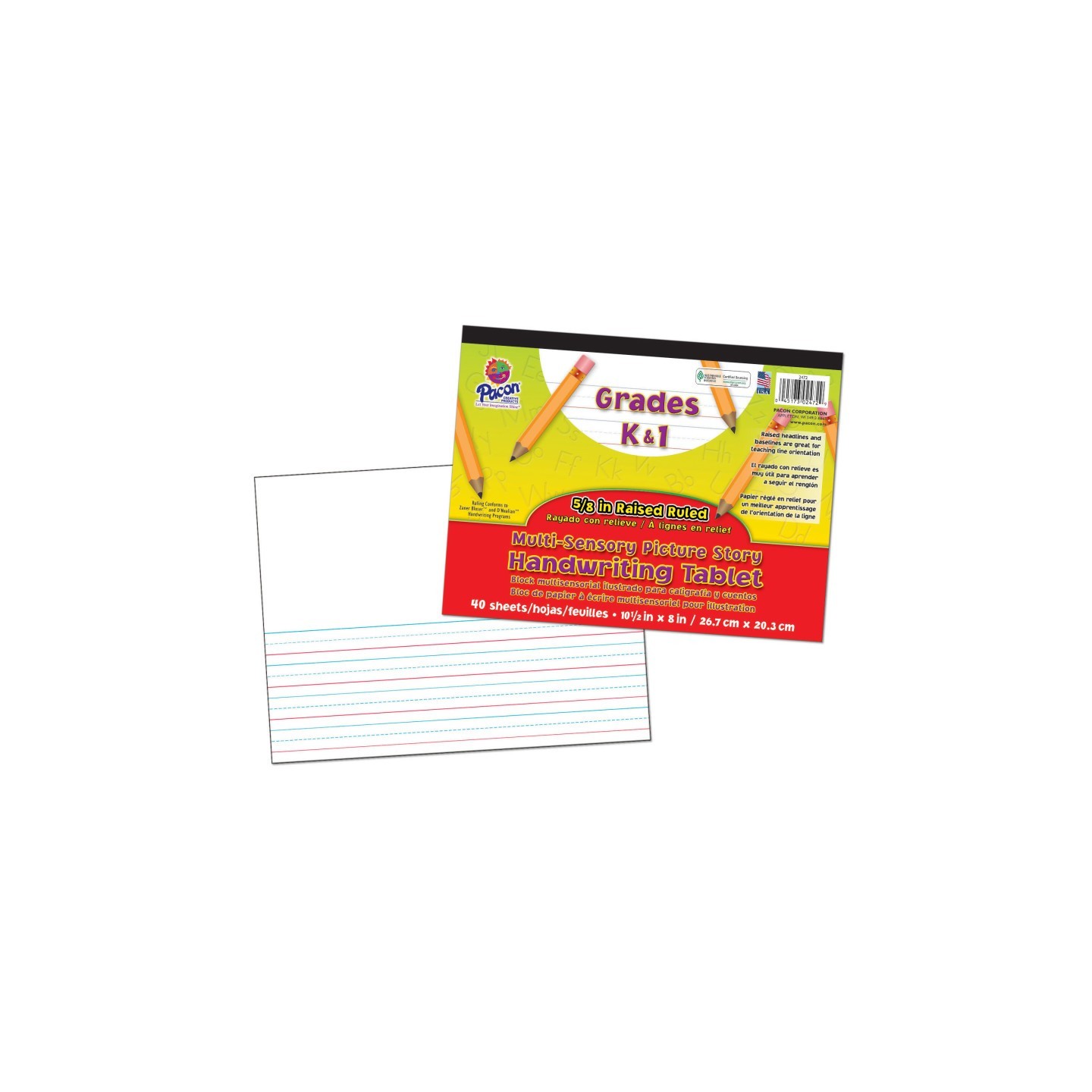 Pacon® Multi-Sensory Raised Ruled Tablet, Tape Bound, 5/8" x 5/16" x 5/16" Picture Story Ruled Long, 10-1/2" x 8", 40 Sheets