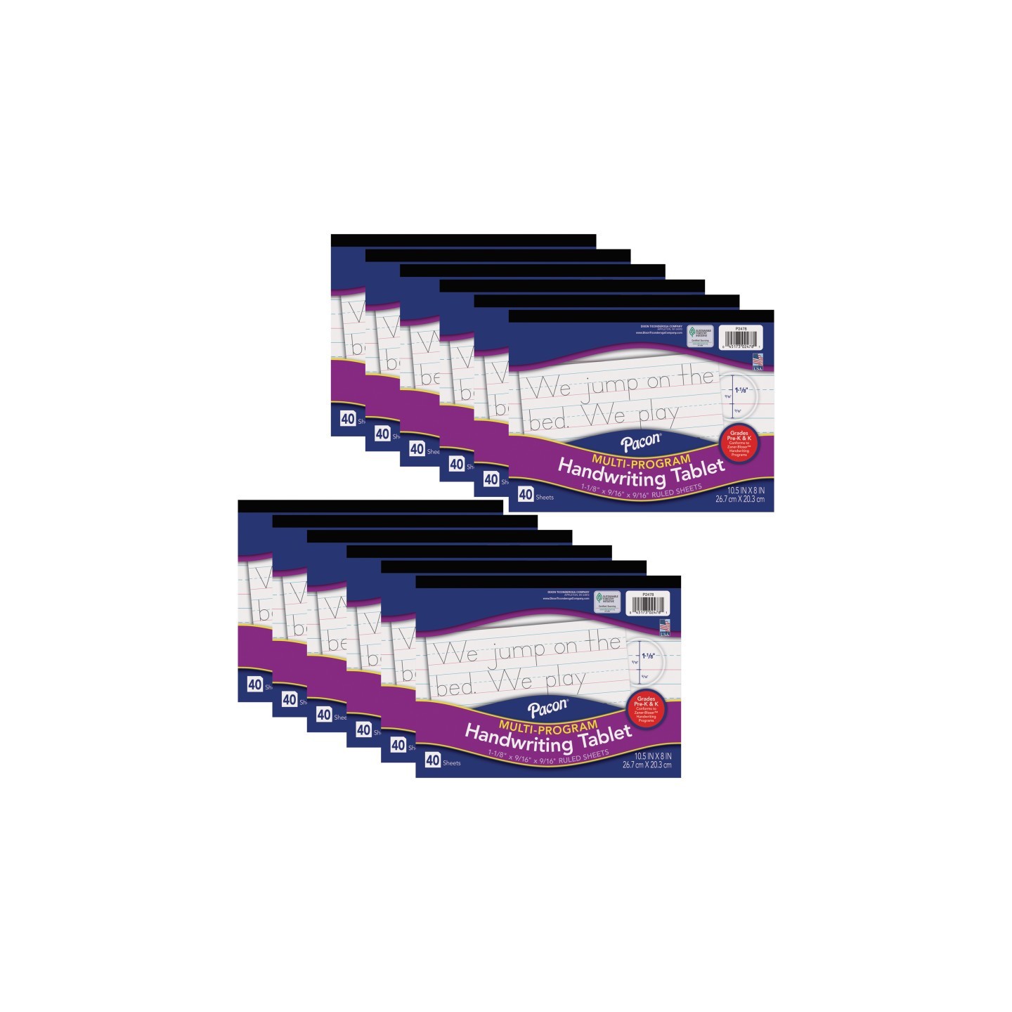 Pacon® Multi-Program Handwriting Tablet, Zaner-Bloser, 1-1/8" x 9/16" x 9/16" Ruled Long, 10-1/2" x 8", 40 Sheets, Pack of 12