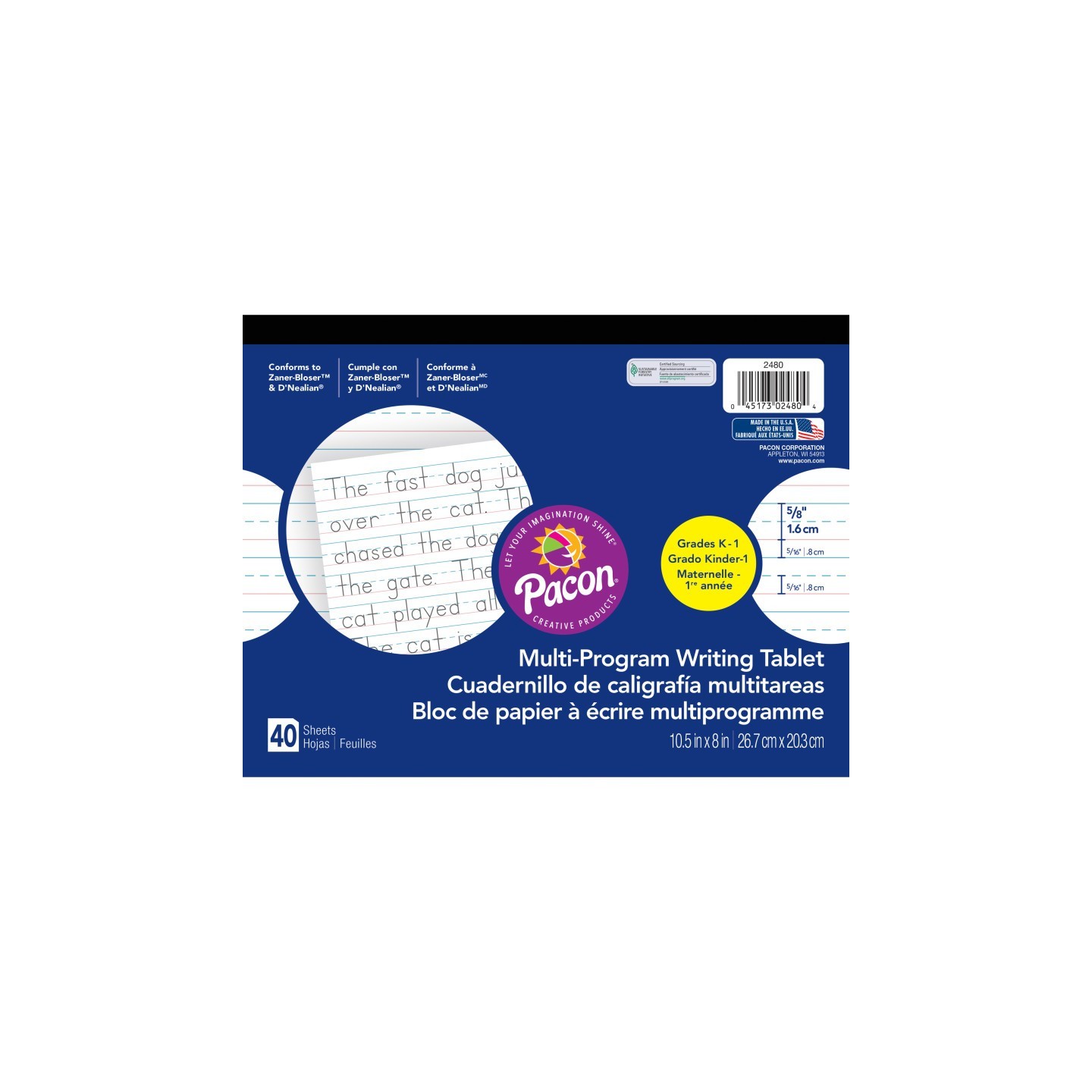 Pacon® Multi-Program Handwriting Tablet, D'Nealian/Zaner-Bloser, 5/8" x 5/16" x 5/16" Ruled Long, 10-1/2" x 8", 40 Sheets