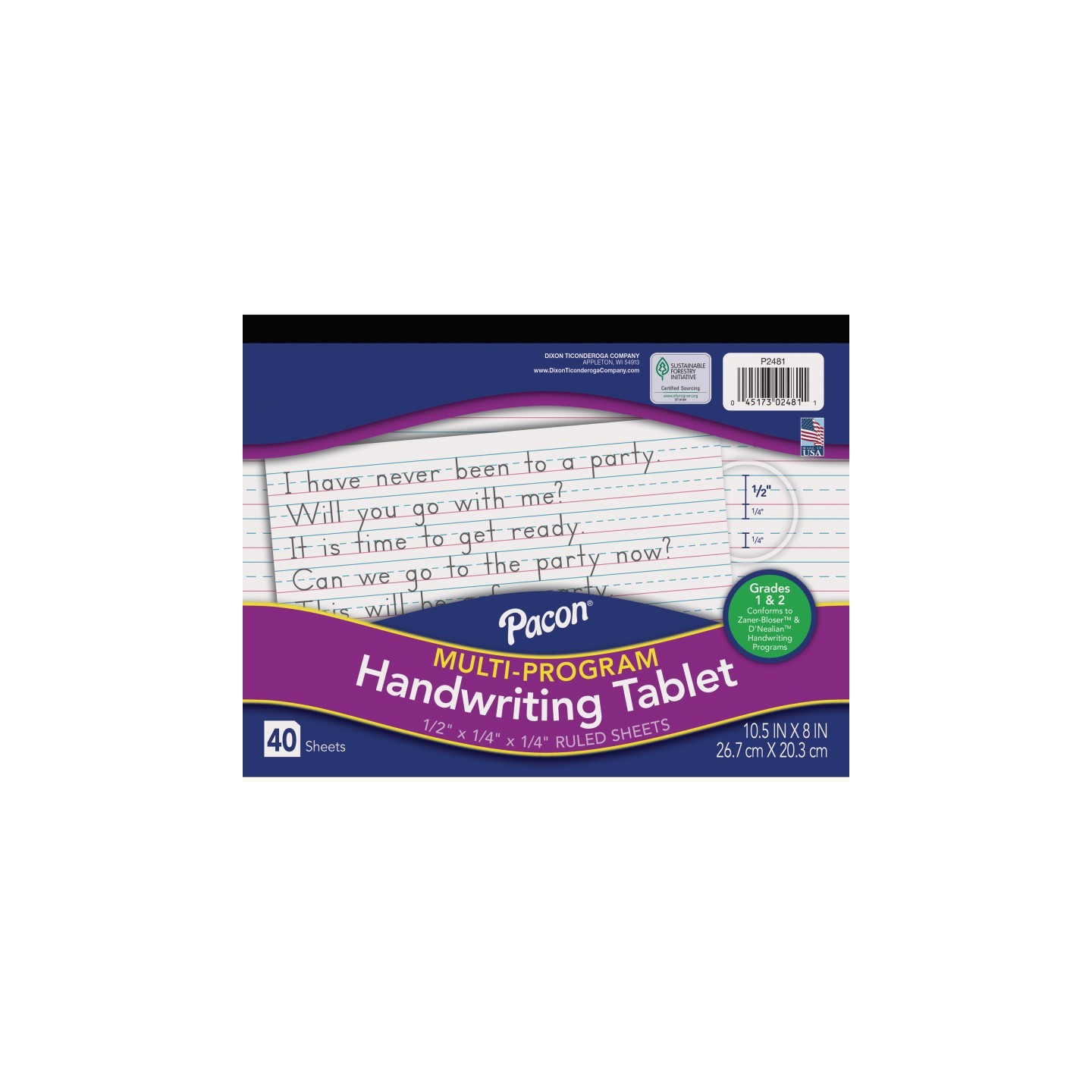 Pacon® Multi-Program Handwriting Tablet, D'Nealian/Zaner-Bloser, 1/2" x 1/4" x 1/4" Ruled Long, 10-1/2" x 8", 40 Sheets