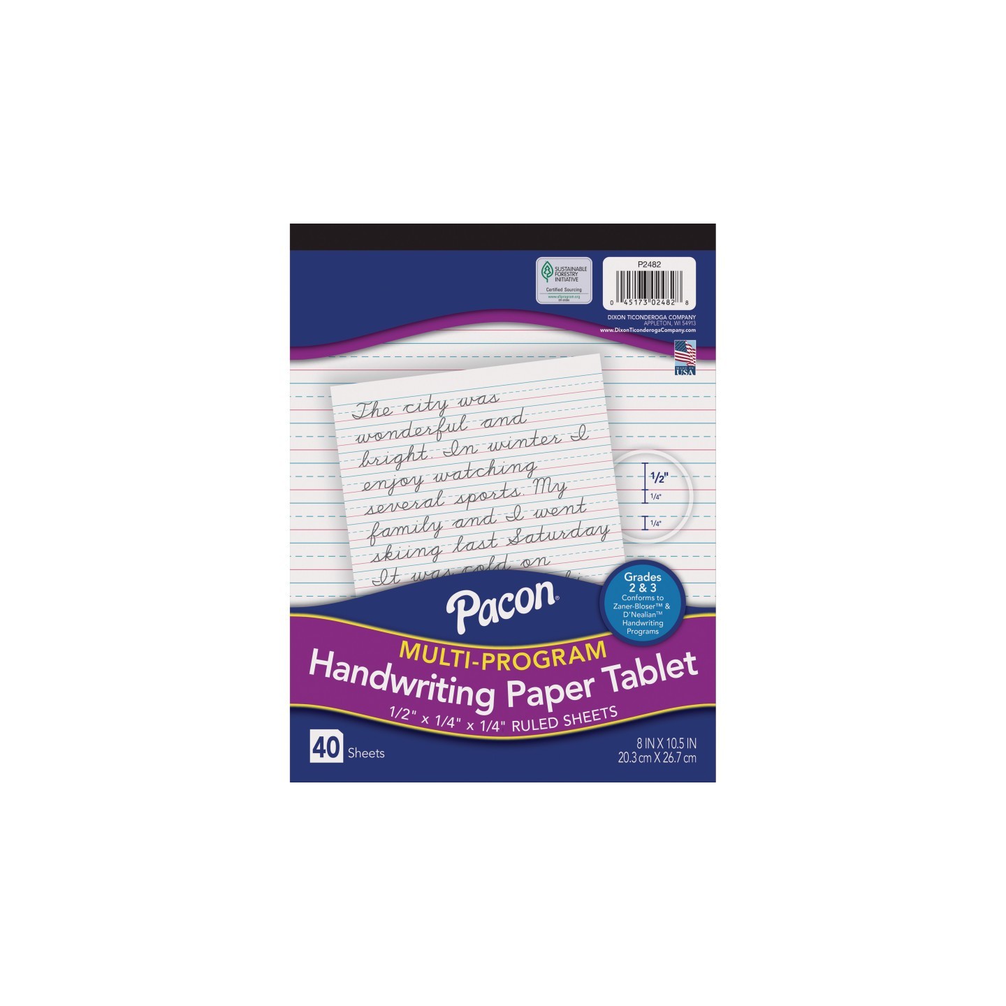 Pacon® Multi-Program Handwriting Tablet, D'Nealian/Zaner-Bloser, 1/2" x 1/4" x 1/4" Ruled Short, 8" x 10-1/2", 40 Sheets