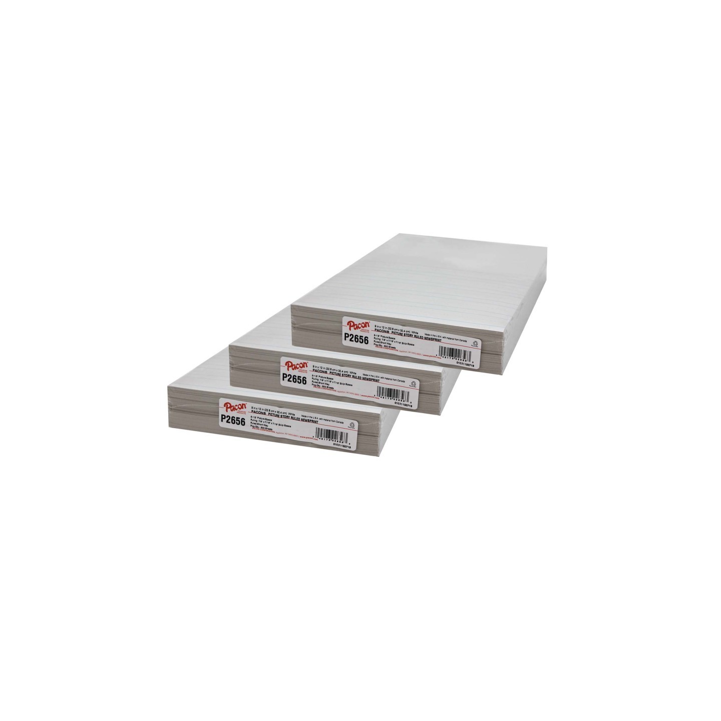 Pacon® Newsprint Handwriting Paper, Picture Story, 7/8" x 7/16" x 7/16" Ruled Short, 9" x 12", 500 Sheets Per Pack, 3 Packs