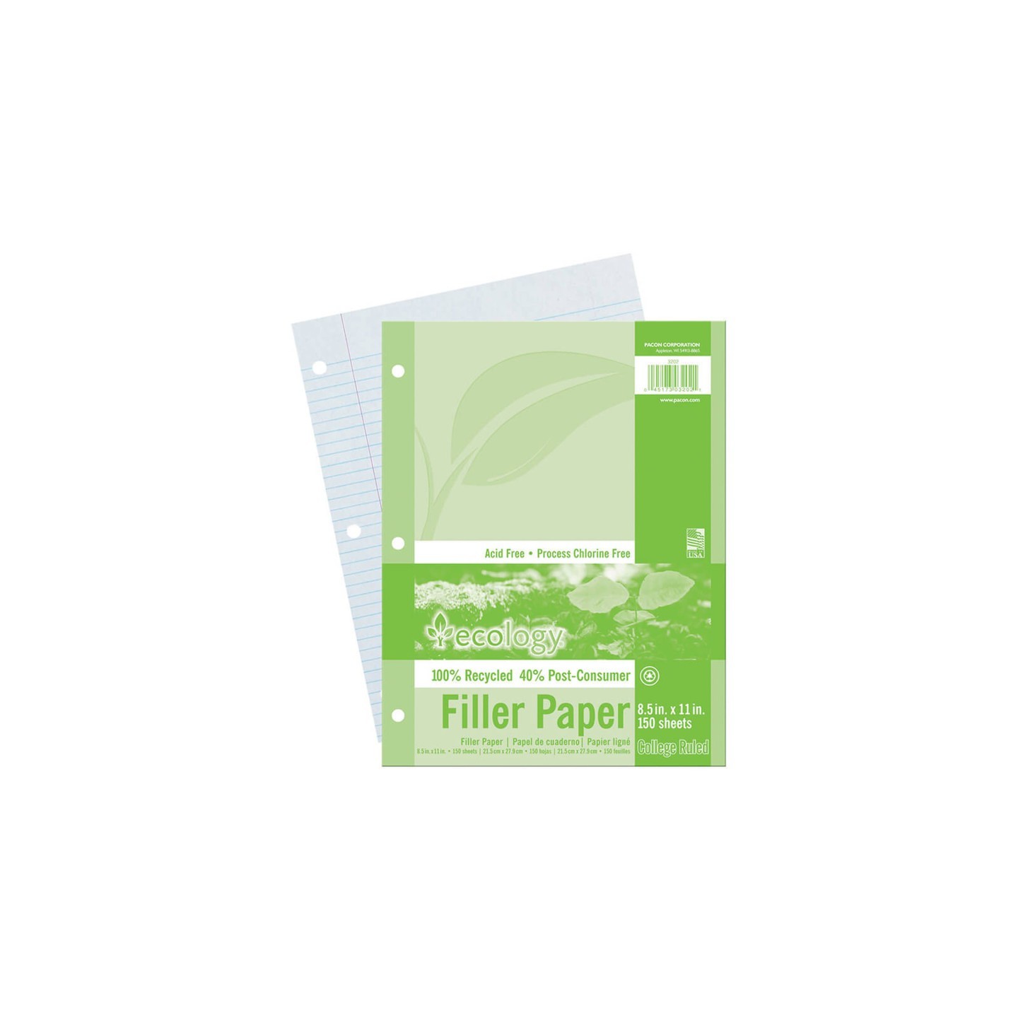 Ecology® Recycled Filler Paper, White, 3-Hole Punched, 9/32" Ruled w/ Margin 8-1/2" x 11", 150 Sheets