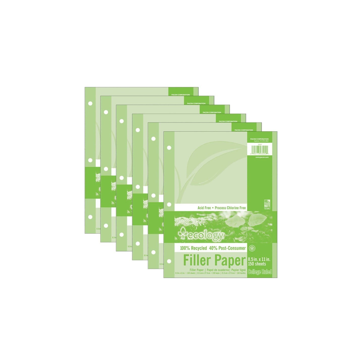 Ecology® Recycled Filler Paper, White, 3-Hole Punched, 9/32" Ruled w/ Margin 8-1/2" x 11", 150 Sheets Per Pack, 6 Packs