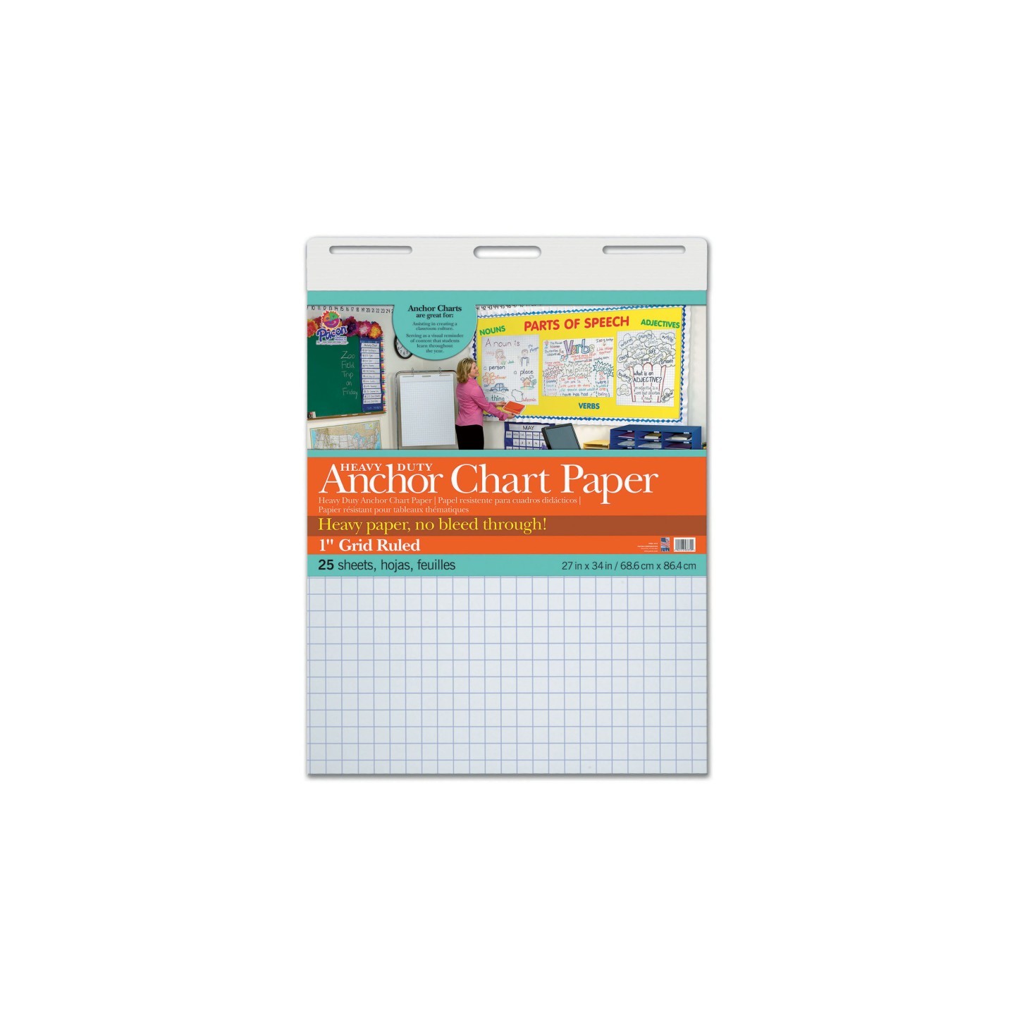Pacon® Heavy Duty Anchor Chart Paper, Non-Adhesive, White, 1" Grid Ruled 27" x 34", 25 Sheets