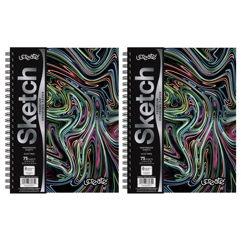 UCreate® Fashion Poly Sketch Book, 9" x 12", 75 Sheets, Neon Abstract Design, Pack of 2