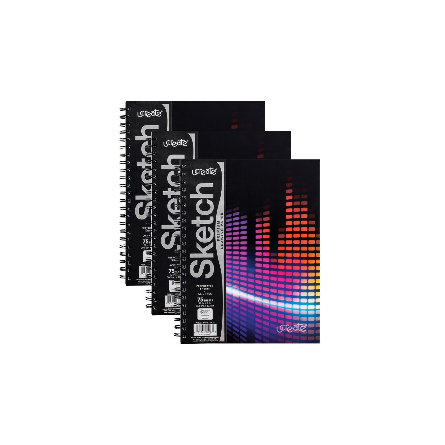 UCreate® Fashion Poly Sketch Book, Sonic Vibes, Unruled, 12" x 9", Pack of 3
