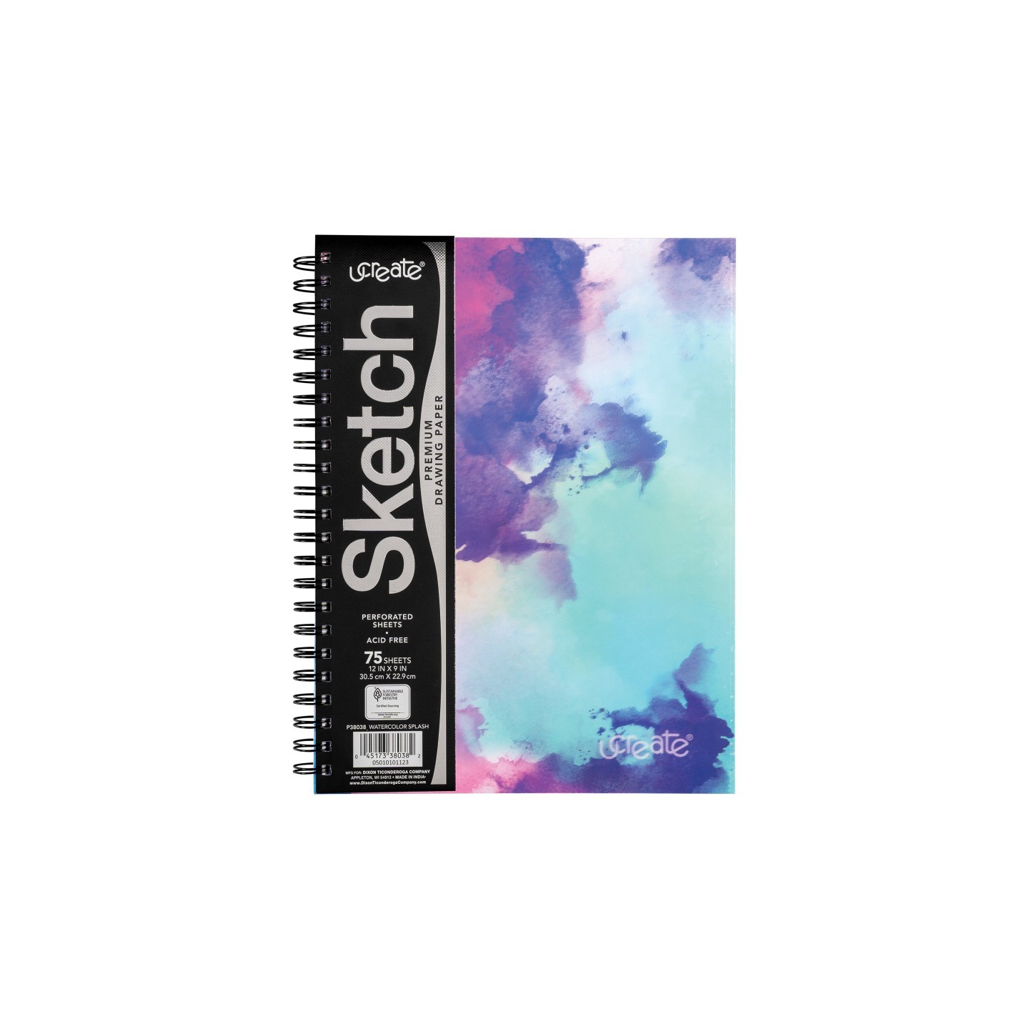 UCreate® Fashion Poly Sketch Book, Watercolor Splash, Unruled, 12" x 9"