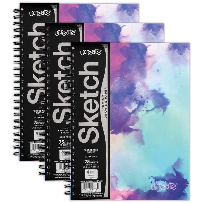 UCreate® Fashion Poly Sketch Book, Watercolor Splash, Unruled, 12" x 9", Pack of 3