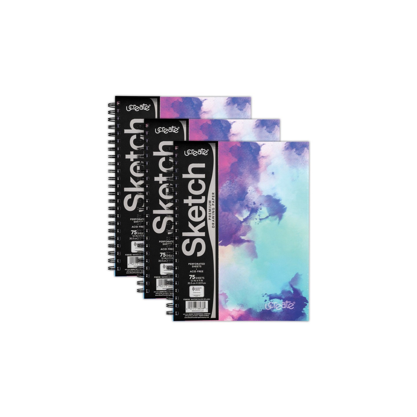 UCreate® Fashion Poly Sketch Book, Watercolor Splash, Unruled, 12" x 9", Pack of 3