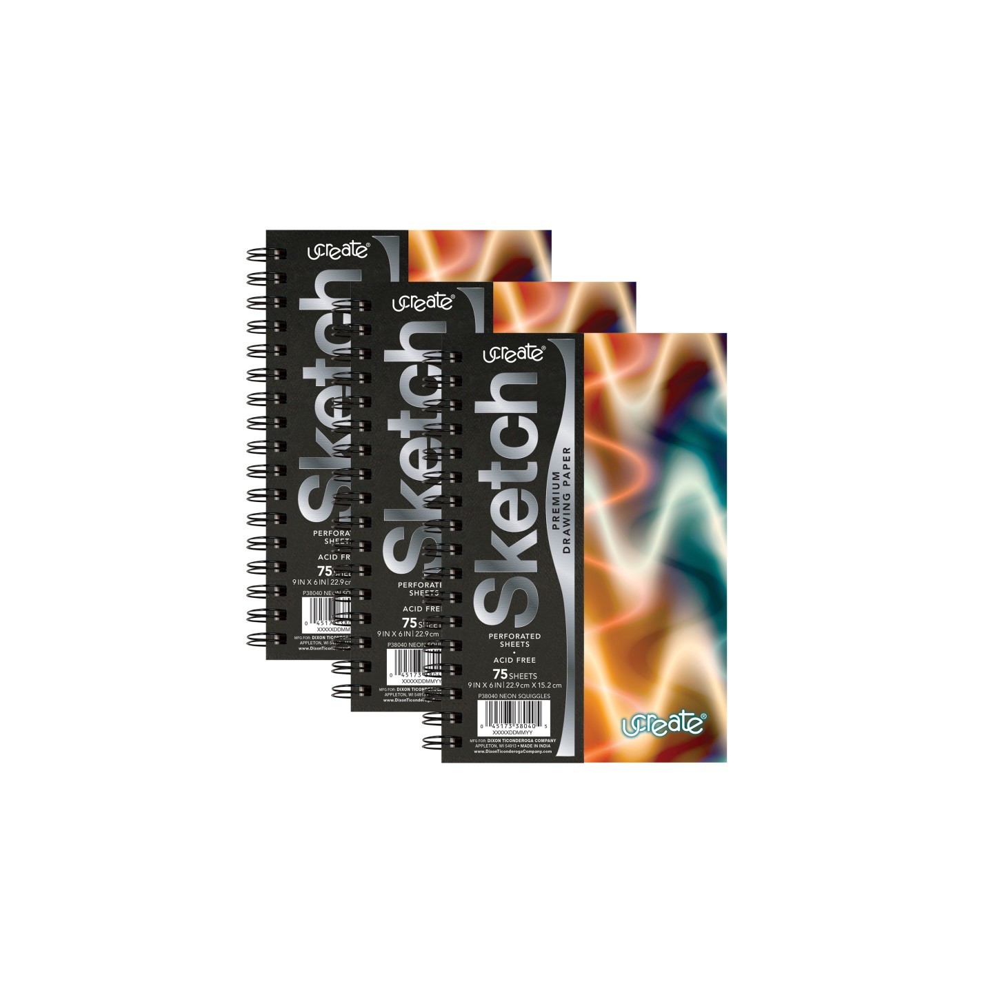 UCreate® Poly Sketch Book, Neon Squiggles, 9" x 6", Pack of 3