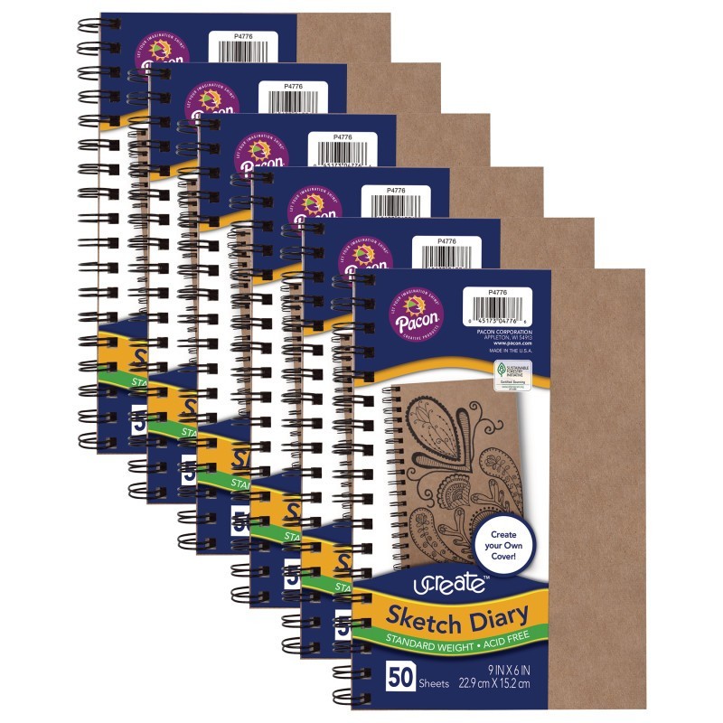UCreate® Create Your Own Cover Sketch Diary, Natural Chip Cover, 9" x 6", 50 Sheets, Pack of 6