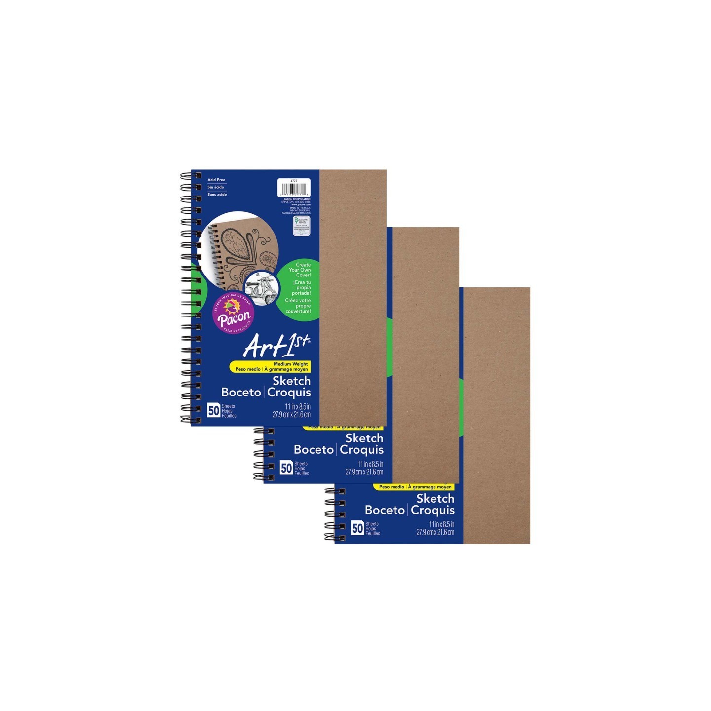 UCreate® Create Your Own Cover Sketch Diary, Natural Chip Cover, 11" x 8-1/2", 50 Sheets, Pack of 3