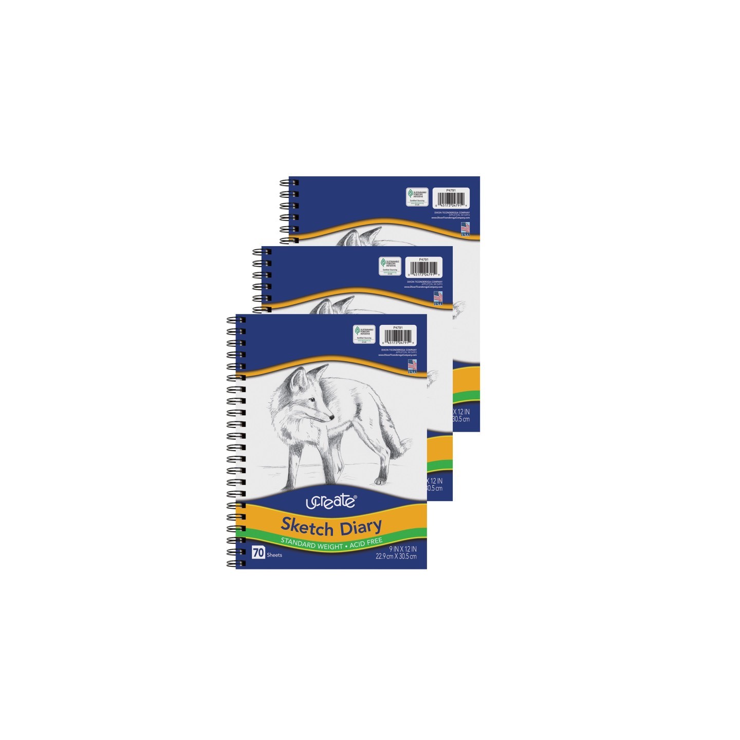 UCreate® Sketch Diary, Standard Weight, 12" x 9", 70 Sheets, Pack of 3