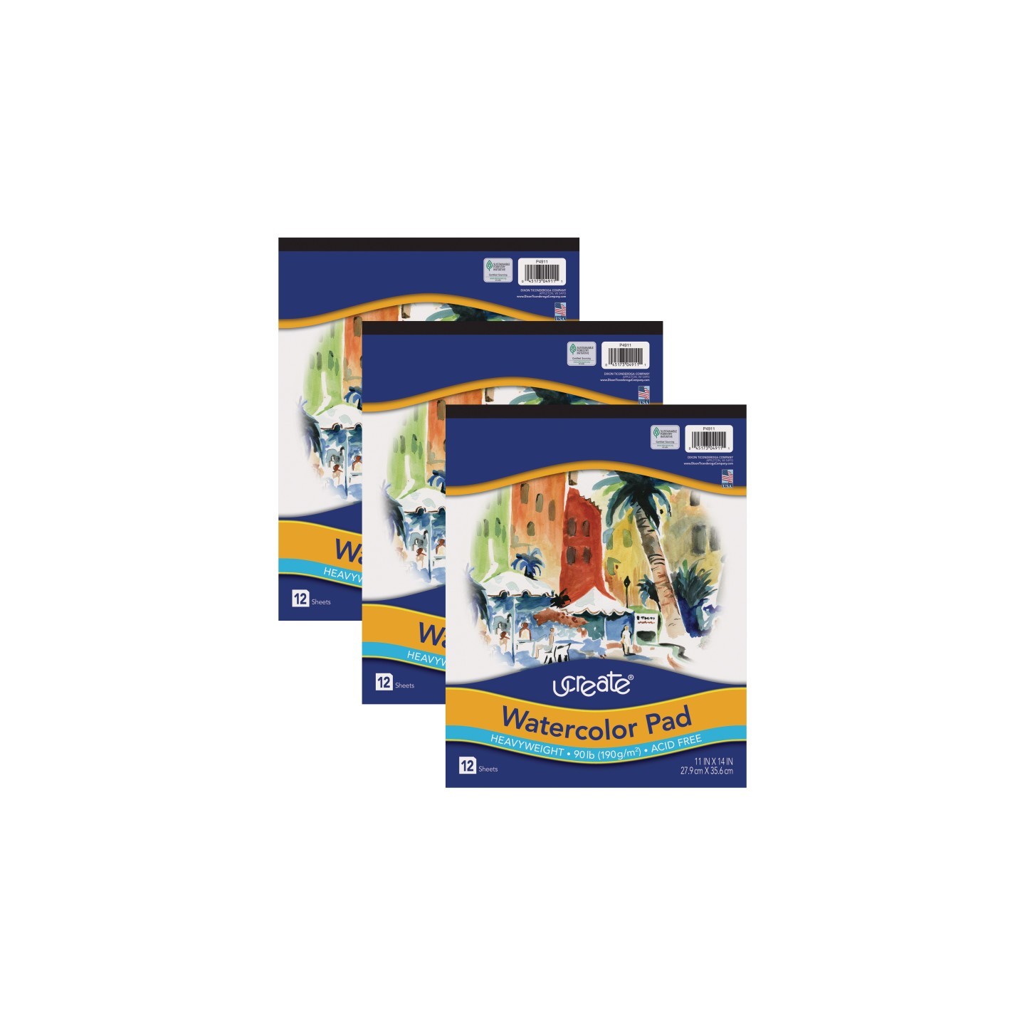 UCreate® Watercolor Pad, 90 lb., 11" x 14", 12 Sheets, Pack of 3