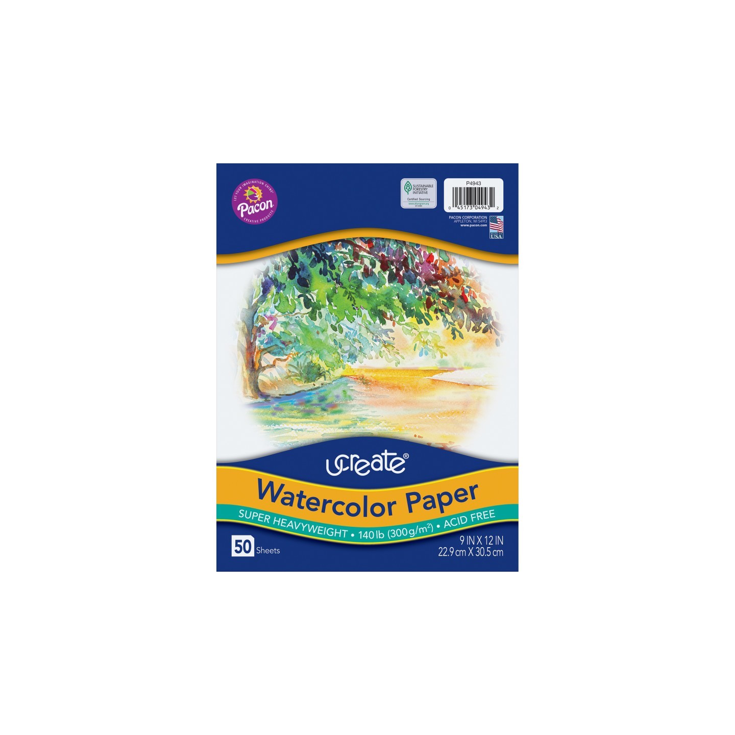UCreate® Watercolor Paper, White, Package, 140 lb., 9" x 12", 50 Sheets