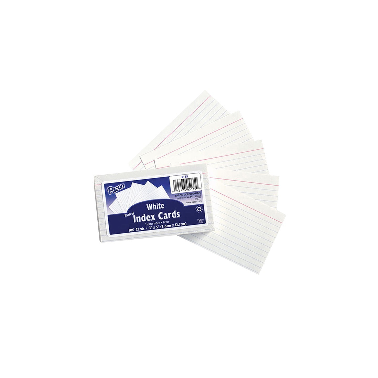 Pacon® Index Cards, White, Ruled, 1/4" Ruled 3" x 5", 100 Cards