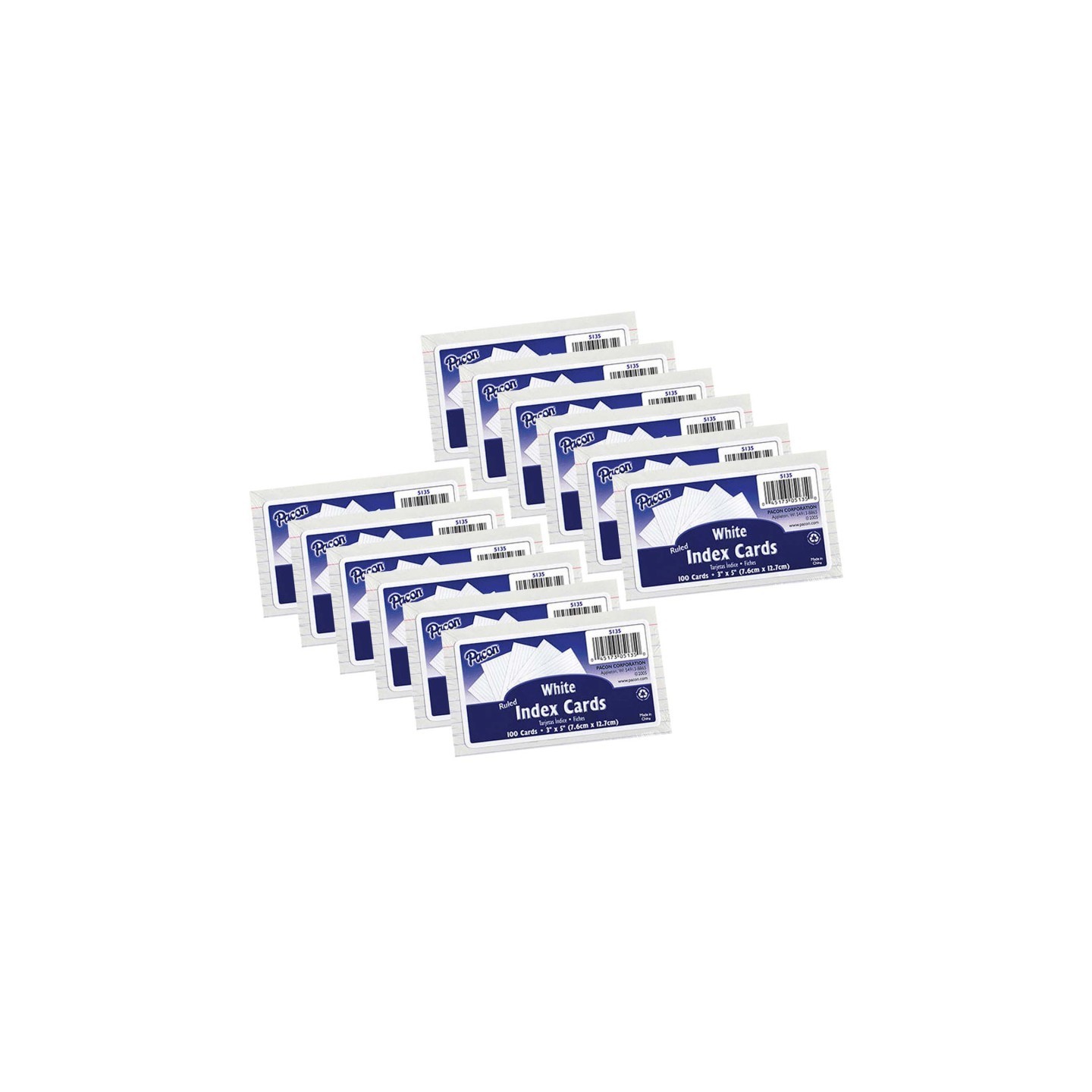 Pacon® Index Cards, White, Ruled, 1/4" Ruled 3" x 5", 100 Per Pack, 12 Packs