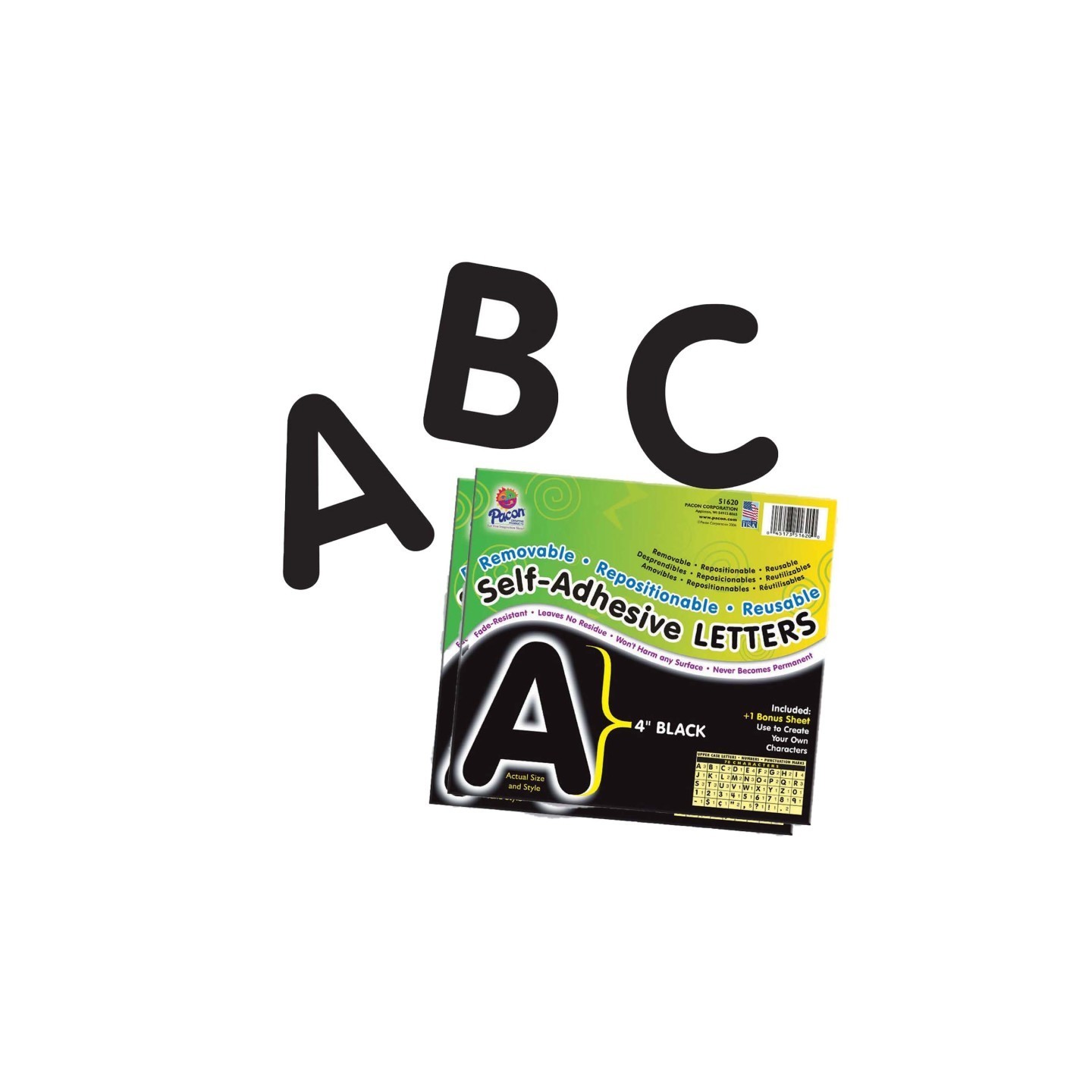 Pacon® Self-Adhesive Letters, Black, Puffy Font, 4", 78 Characters Per Pack, 2 Packs
