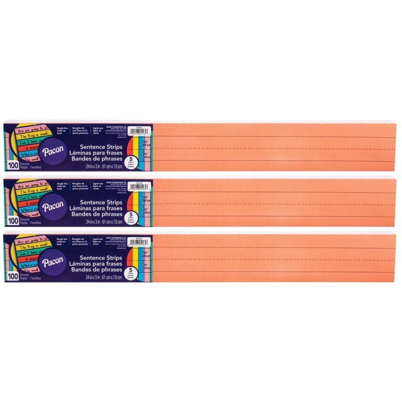 Pacon® Sentence Strips, 5 Assorted Colors, 1-1/2" Ruled, 3" x 24", 100 Strips Per Pack, 3 Packs
