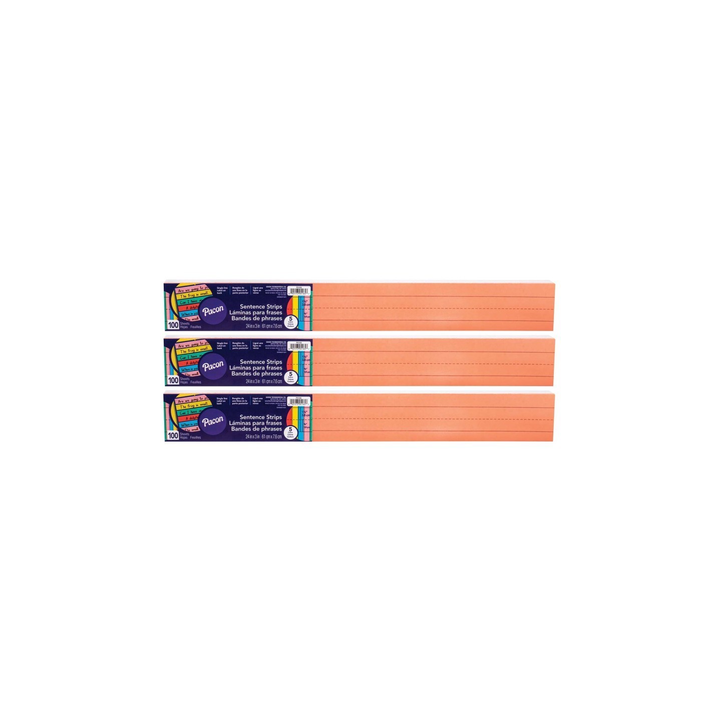 Pacon® Sentence Strips, 5 Assorted Colors, 1-1/2" Ruled, 3" x 24", 100 Strips Per Pack, 3 Packs
