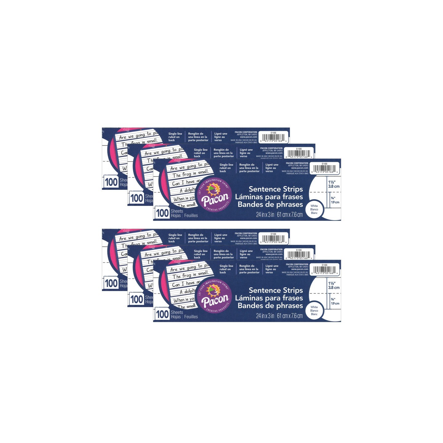 Pacon® Sentence Strips, White, 1-1/2" Ruled, 3" x 24", 100 Strips Per Pack, 6 Packs