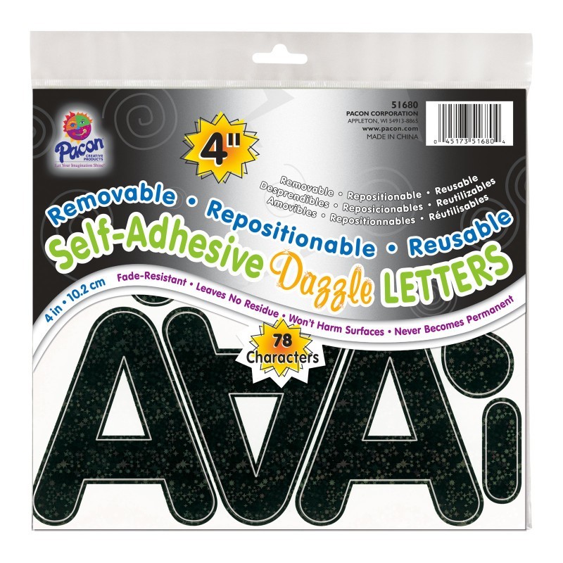 Pacon® Self-Adhesive Letters, Black Dazzle, Puffy Font, 4", 78 Characters