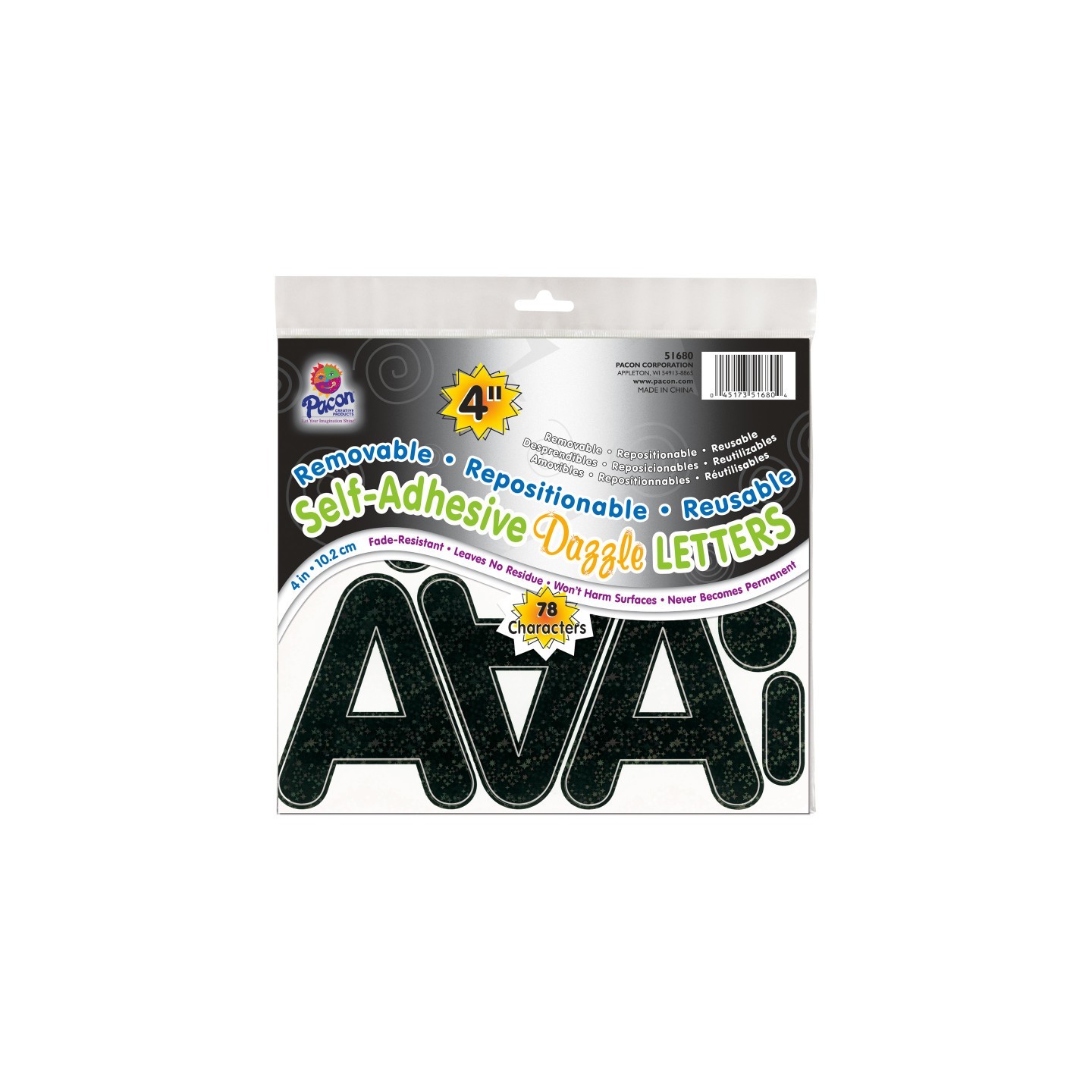 Pacon® Self-Adhesive Letters, Black Dazzle, Puffy Font, 4", 78 Characters