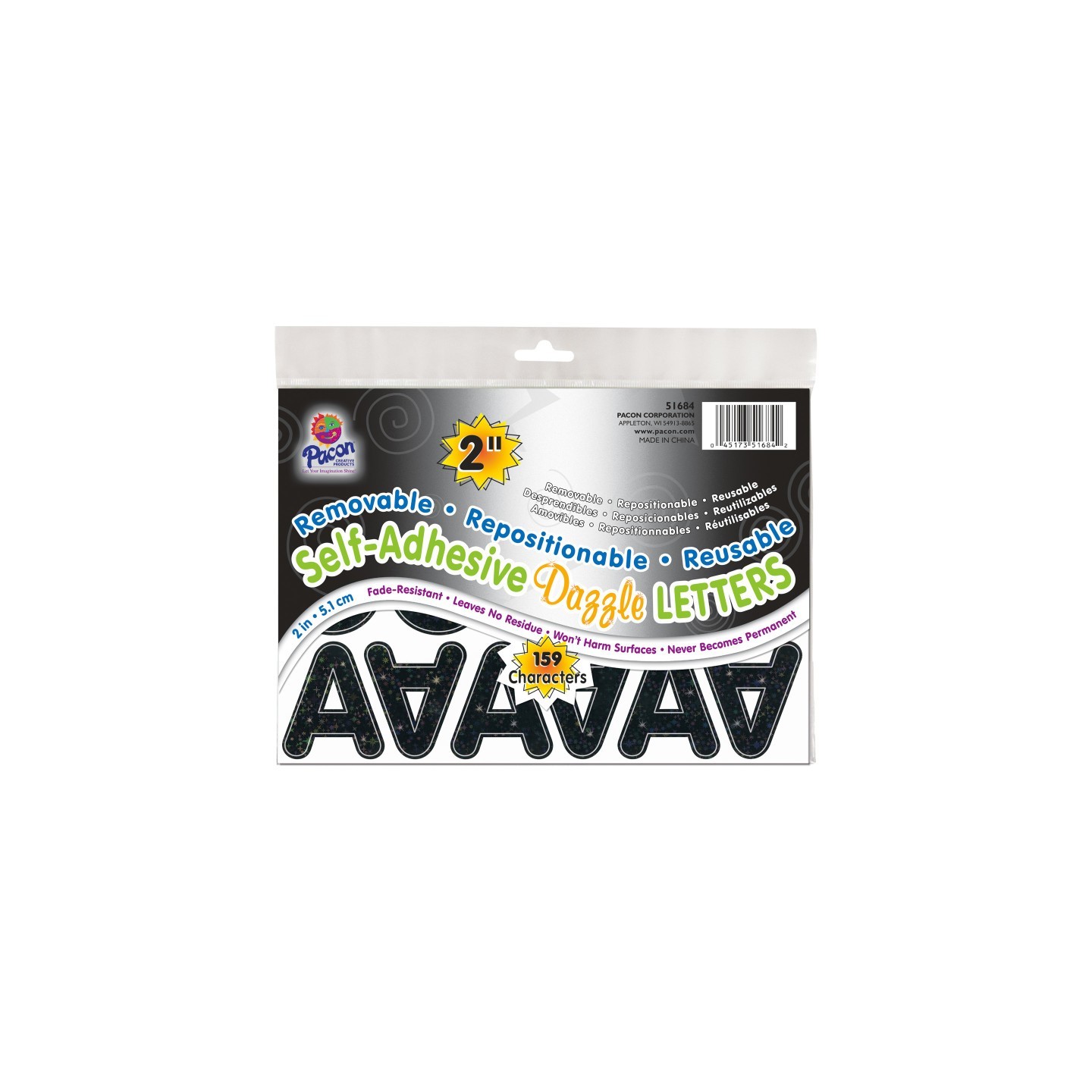 Pacon® Self-Adhesive Letters, Black Dazzle, Puffy Font, 2", 159 Characters