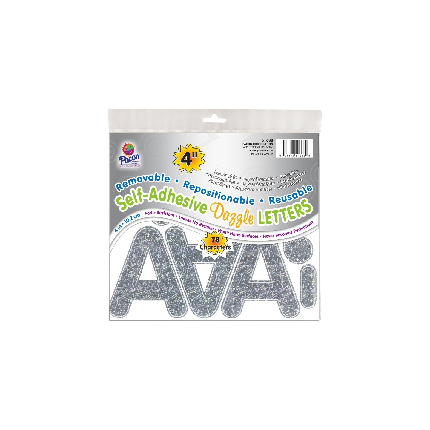 Pacon® Self-Adhesive Letters, Silver Dazzle, Puffy Font, 4", 78 Characters