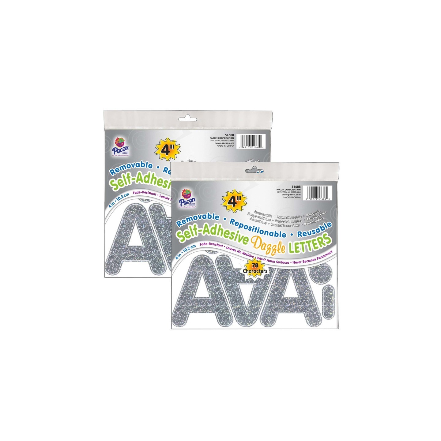 Pacon® Self-Adhesive Letters, Silver Dazzle, Puffy Font, 4", 78 Per Pack, 2 Packs