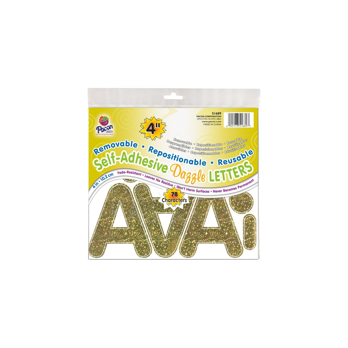Pacon® Self-Adhesive Letters, Gold Dazzle, Puffy Font, 4", 78 Characters