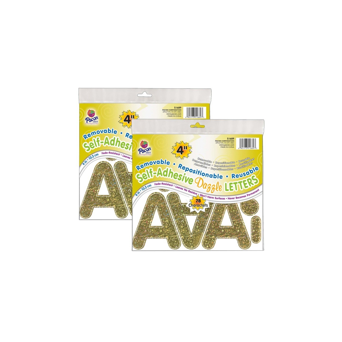 Pacon® Self-Adhesive Letters, Gold Dazzle, Puffy Font, 4", 78 Per Pack, 2 Packs