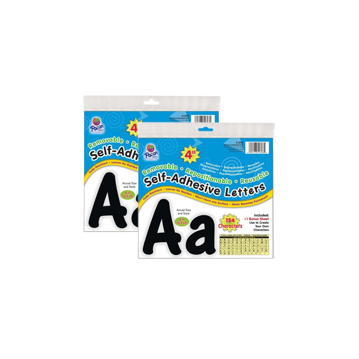 Pacon® Self-Adhesive Letters, Black, Cheery Font, 4", 154 Per Pack, 2 Packs