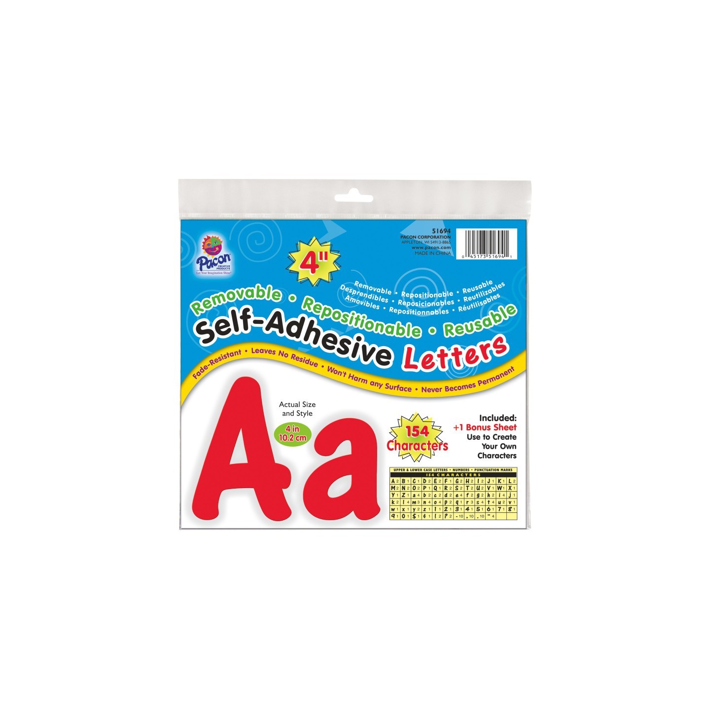 Pacon® Self-Adhesive Letters, Red, Cheery Font, 4", 154 Characters