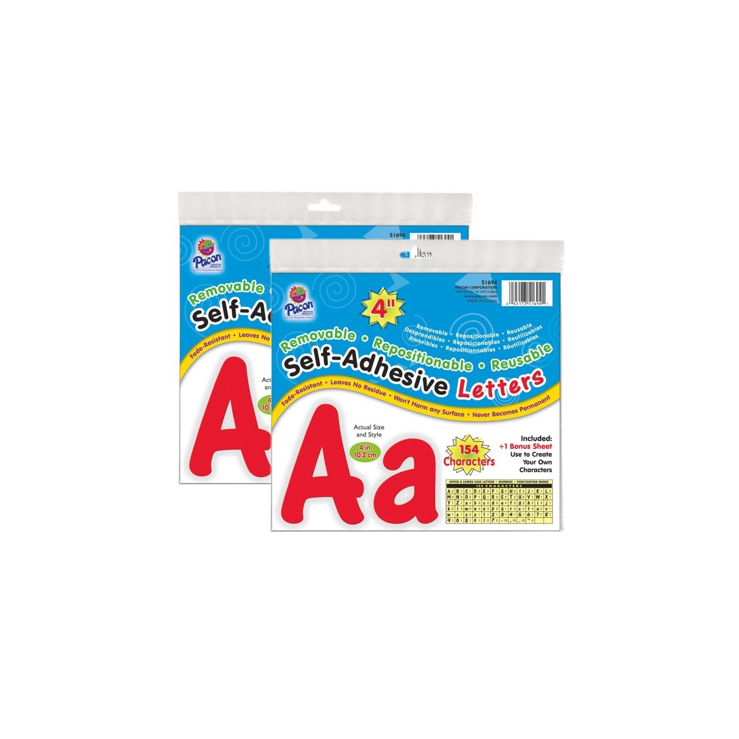 Pacon® Self-Adhesive Letters, Red, Cheery Font, 4", 154 Per Pack, 2 Packs