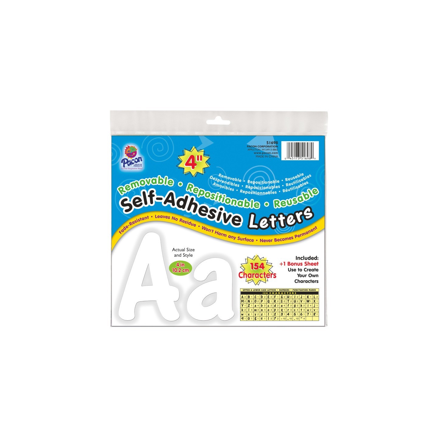Pacon® Self-Adhesive Letters, White, Cheery Font, 4", 154 Characters