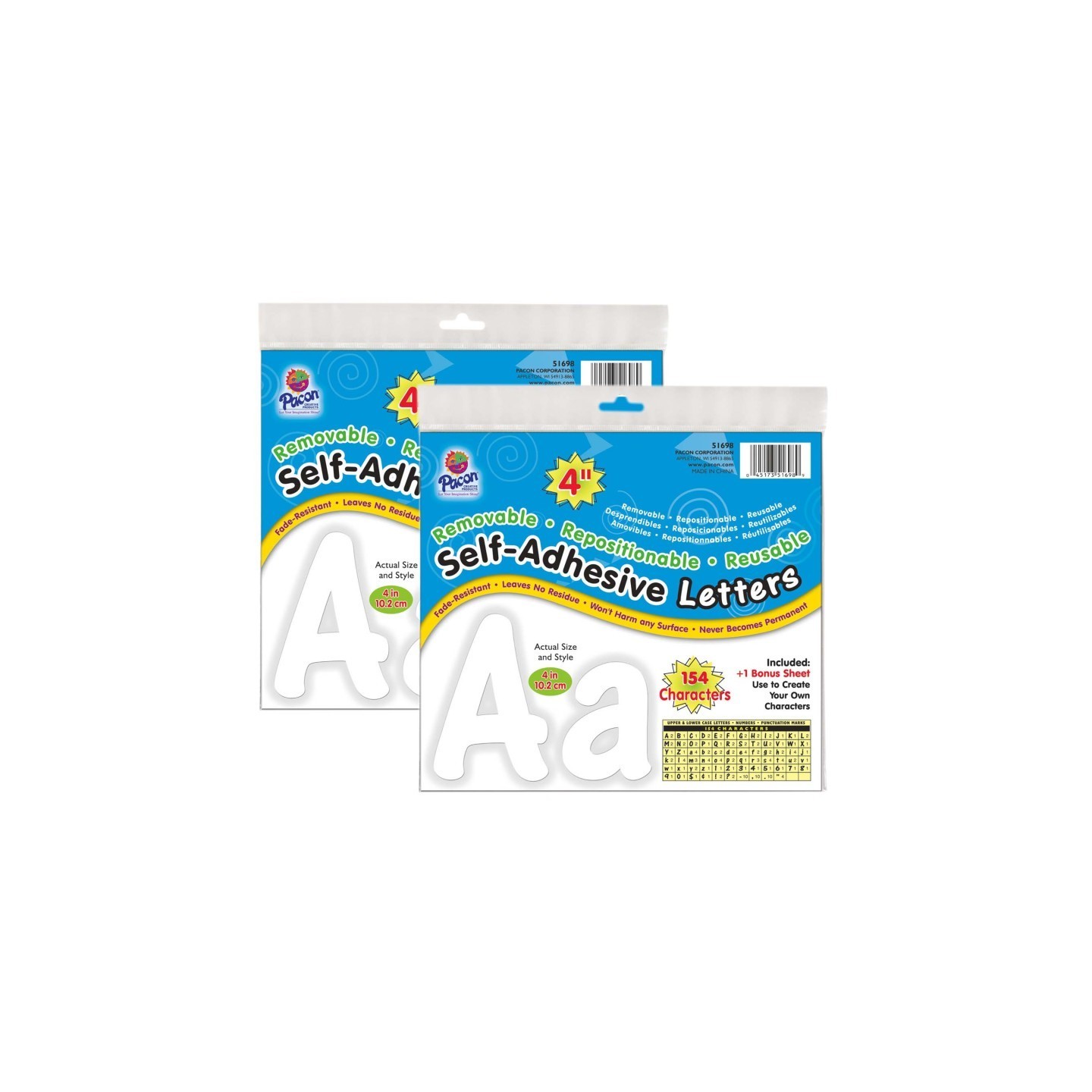 Pacon® Self-Adhesive Letters, White, Cheery Font, 4", 154 Per Pack, 2 Packs