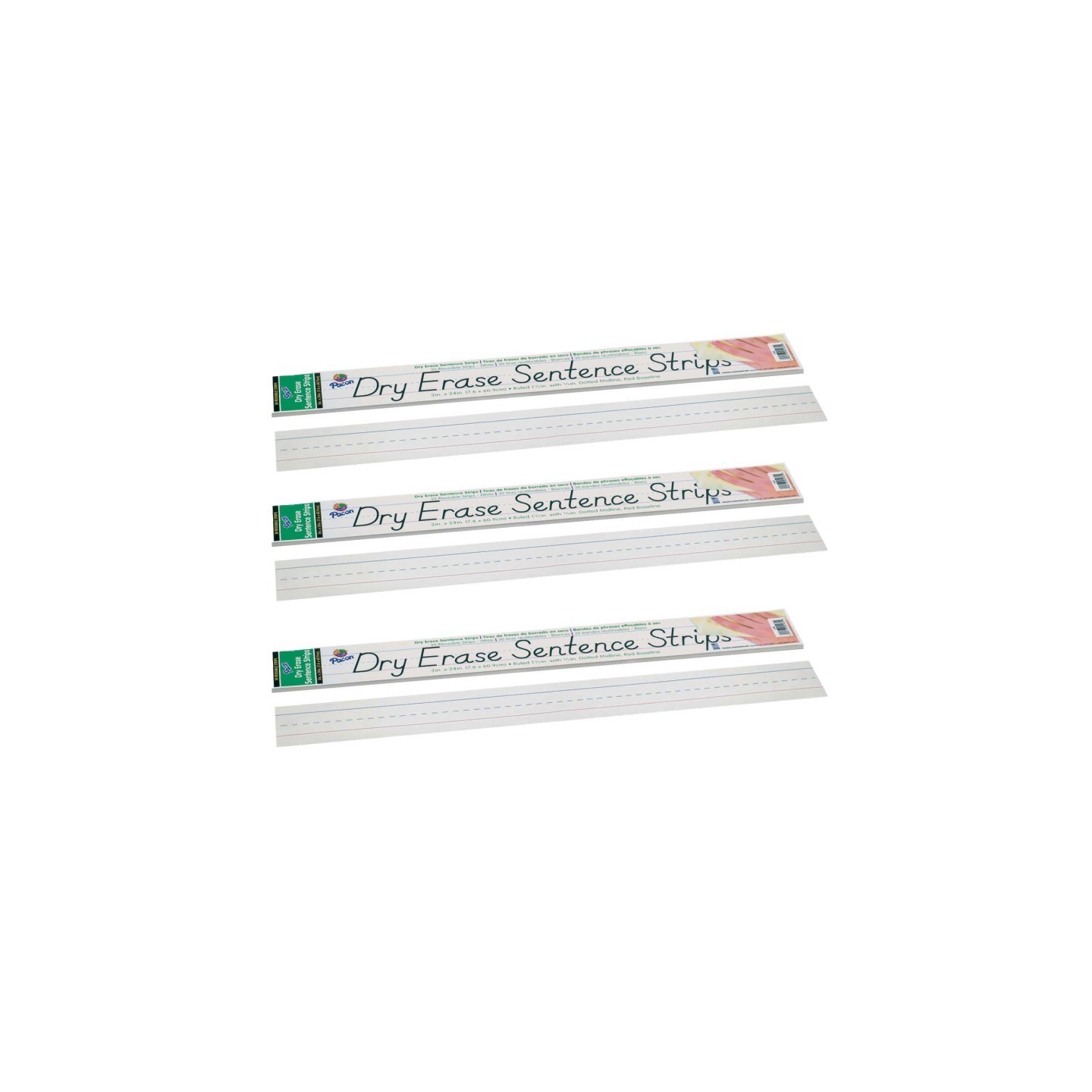 Pacon® Dry Erase Sentence Strips, White, 1-1/2" X 3/4" Ruled, 3" x 24", 30 Per Pack, 3 Packs