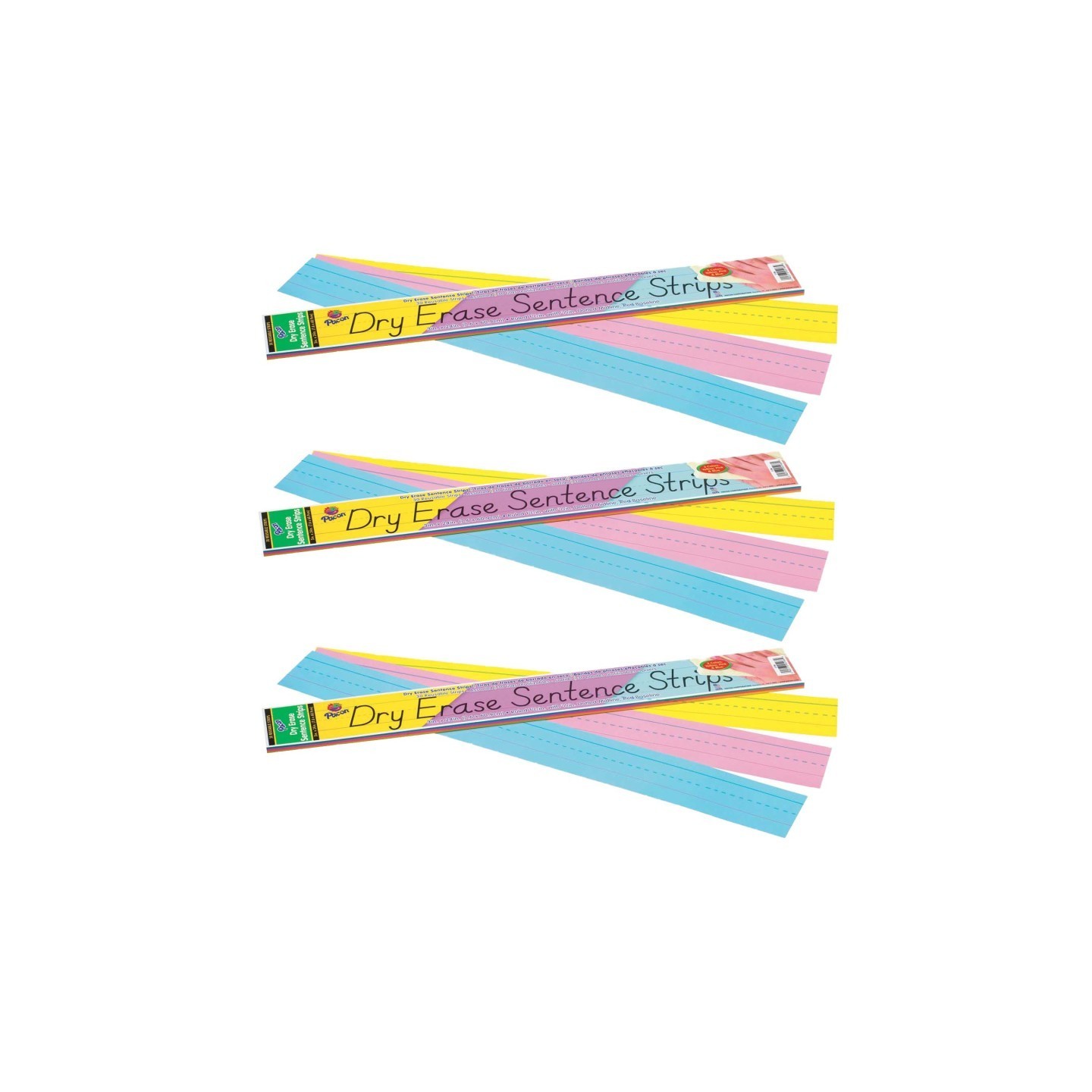 Pacon® Dry Erase Sentence Strips, 3 Assorted Colors, 1-1/2" X 3/4" Ruled, 3" x 24", 30 Per Pack, 3 Packs
