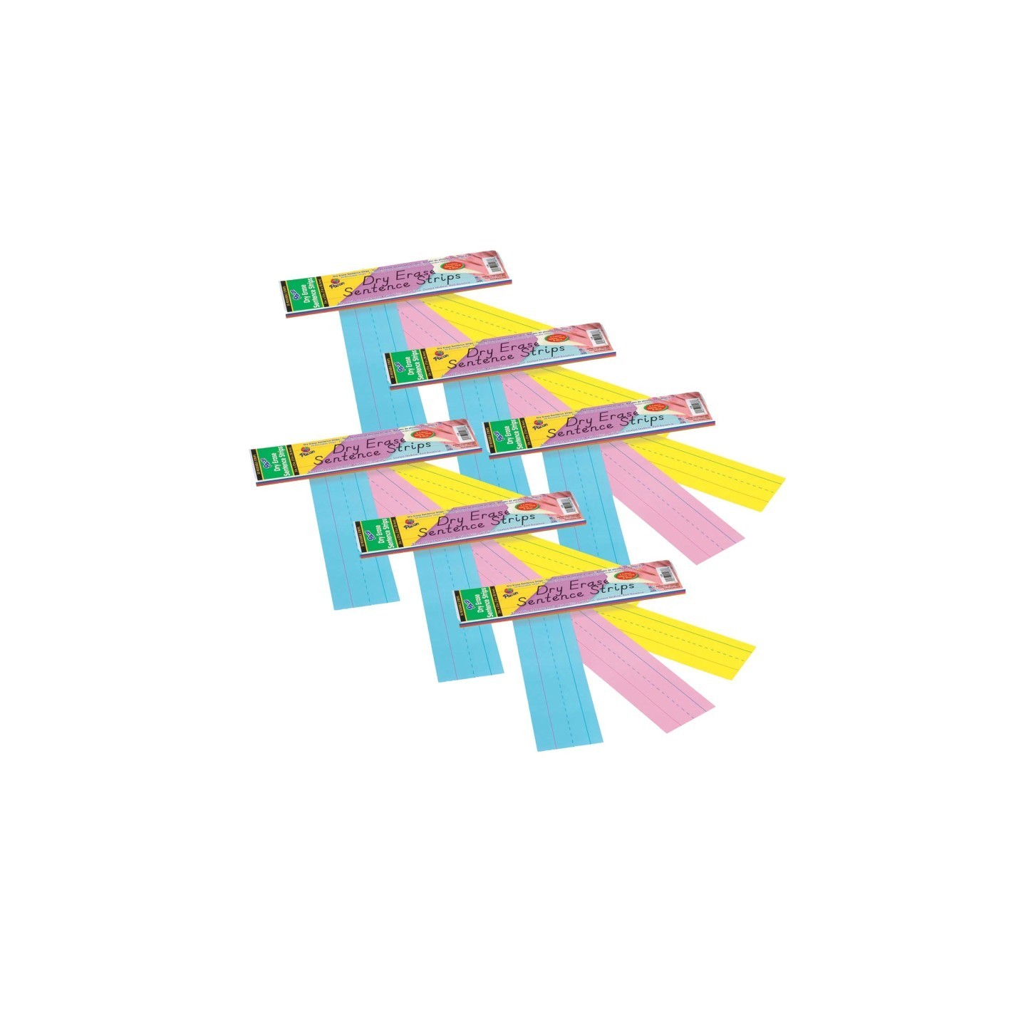 Pacon® Dry Erase Sentence Strips, 3 Assorted Colors, 1-1/2" X 3/4" Ruled, 3" x 12", 30 Per Pack, 6 Packs