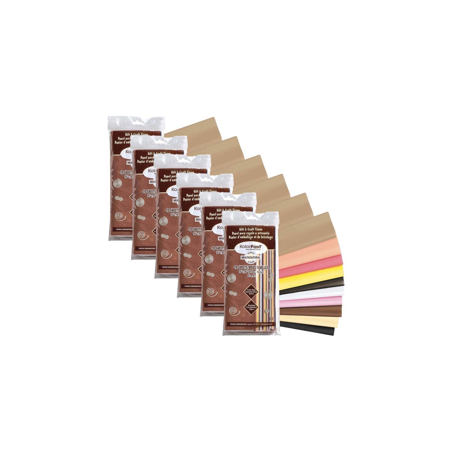 KolorFast® Multi-Cultural Tissue Assortment, 10 Assorted Colors, 20" x 30", 20 Sheets Per Pack, 6 Packs