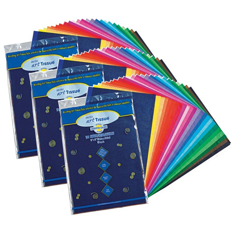 Spectra® Deluxe Bleeding Art Tissue, 25 Assorted Colors, 12" x 18", 100 Sheets Per Pack, 3 Packs